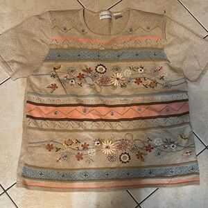 Alfred Dunner Beige Knit Top with Coral and Light Blue Accents